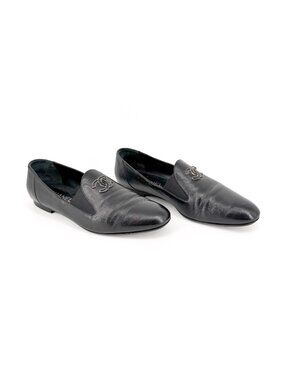 Chanel CC Slip On Loafers Flats Black Leather Size 41 US 10-10.5 Women’s